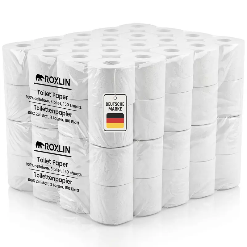 Roxlin Toilettenpapier 3-lagig 9,2 × 11,2 cm 150 Blätter pro Rolle 100% Zellulose Weiß 47 g/m²