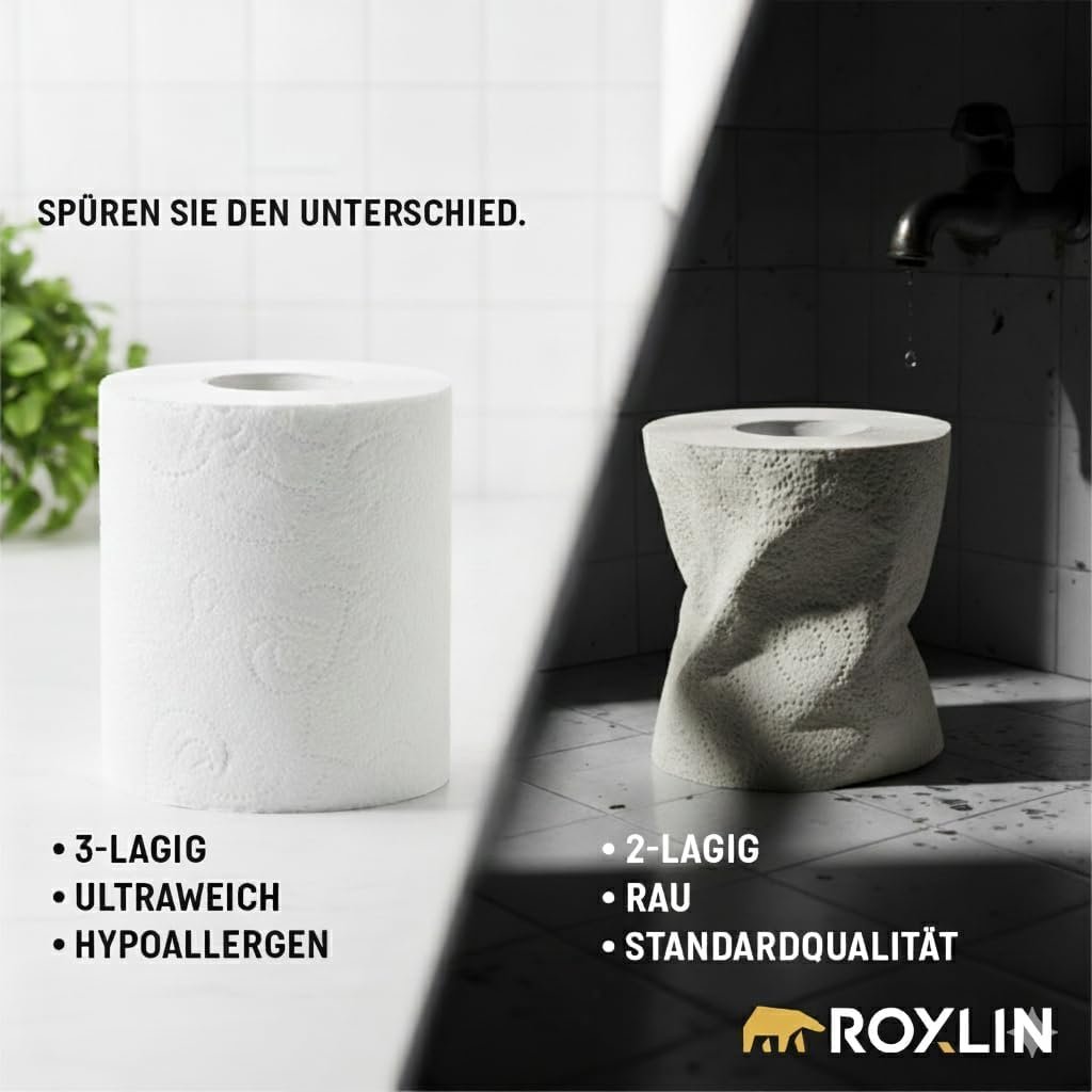 Roxlin Toilettenpapier 3-lagig 9,2 × 11,2 cm 150 Blätter pro Rolle 100% Zellulose Weiß 47 g/m² - Image 2